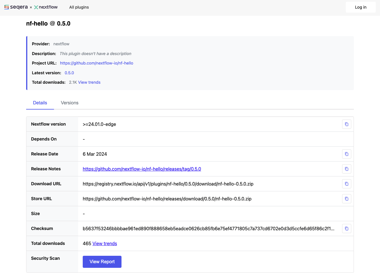 registry.nextflow.io의 nf-hello 플러그인 페이지
