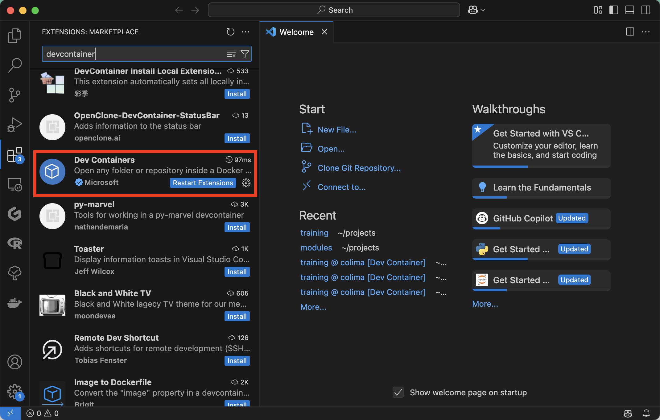 Instalando a extensão Dev Containers no VS Code